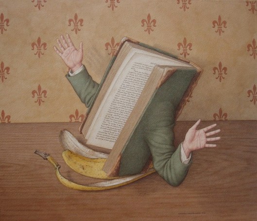 Kirjoistakin löytyy vain osatotuus. Kuva Jonathan Wolstenholme http://www.mymodernmet.com/profiles/blogs/jonathan-wolstenholme-book-watercolor-paintings/